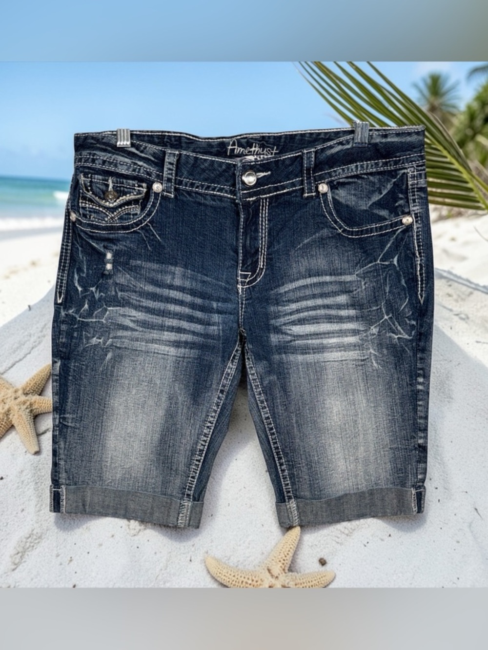 Amethyst Distressed Dark Wash Denim Bermuda Shorts